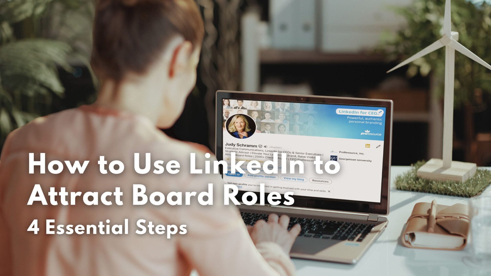 a female senior executive uses linkedin to attract board role